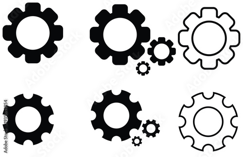 Gear Cog Icon Set with Mechanical Settings Symbols and Industrial Gearwheel Line and Solid Vector Collection