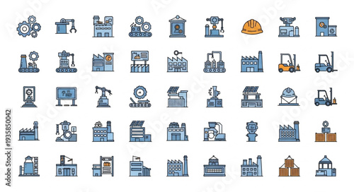 Collection of industrial and business building icons.
