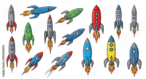 Collection of colorful cartoon rockets blasting off into space.