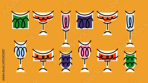 Retro Modern Cocktail Glass Collection in Mid Century Flat Illustration Style on Bold Orange Background for Bar Decor