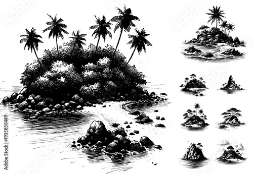 Line art drawing of island nature landscape sketch vector hand drawn illustration svg, echoes of solitude: the lonely island