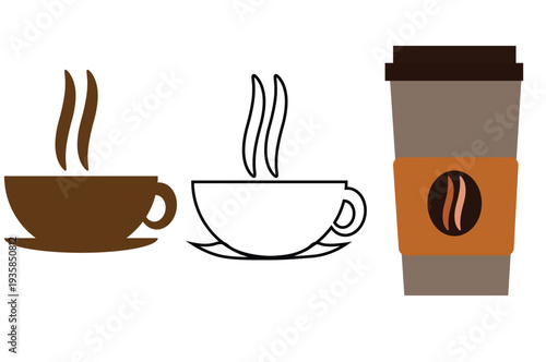 Hot Coffee Cup Icon Set with Steaming Mug Illustration and Takeaway Coffee Cup Vector Collection