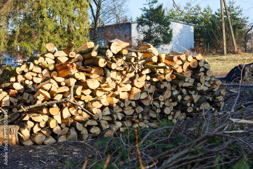 A large stack of neatly piled wooden logs of various sizes lies outdoors under bright sunlight. This rustic scene showcases preparation for the heating season and creates a cozy atmosphere of rural fa