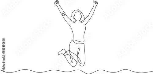 Enthusiastic individual with short hair jumps high with clenched fists showing determination and power