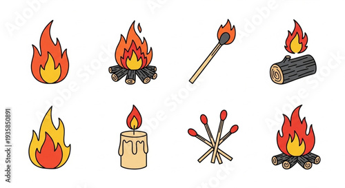 Collection of cartoon fire icons and illustrations.