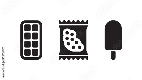 Black Icons Of Chocolate Bar, Potato Chips Bag, And Ice Cream On White Background For Food And Snack Concepts