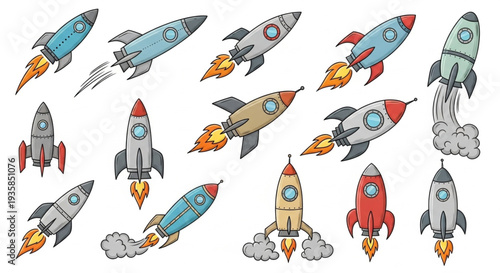 Collection of cartoon rockets in various designs and colors launching into space.