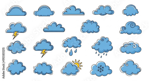 Collection of cartoon weather clouds with different symbols.
