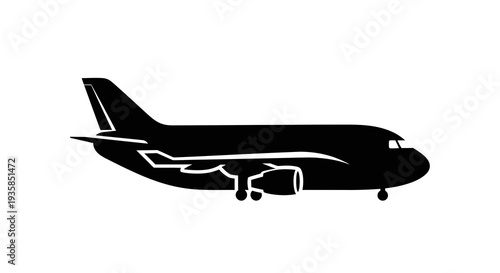 Black silhouette of a commercial airplane in flight.
