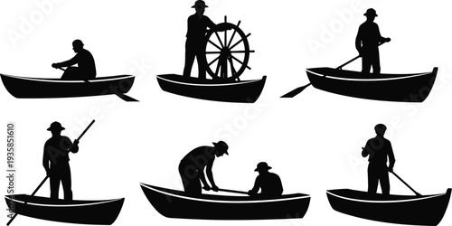 Fisherman boat silhouette collection showing traditional fishing activities with oars net and steering wheel, maritime lifestyle and river fishing concept isolated on white