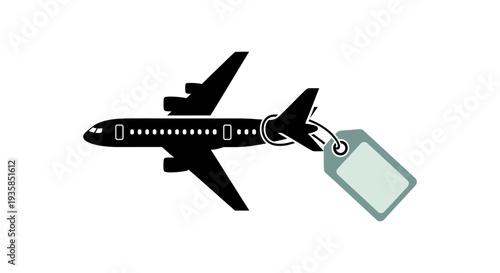 Black airplane with a luggage tag flying.