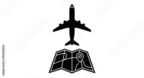 Airplane flying over a map navigation guide.