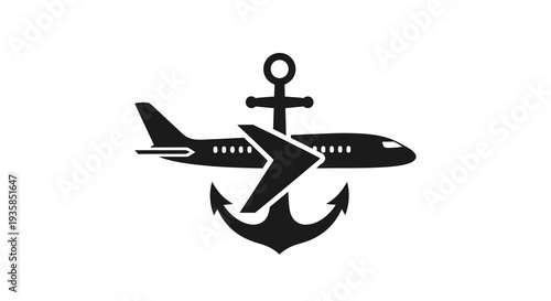 Black airplane and anchor symbol on white background.