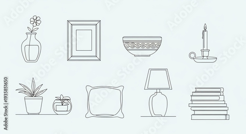 Collection of Hand Drawn Home Decor Objects and Furniture Elements.