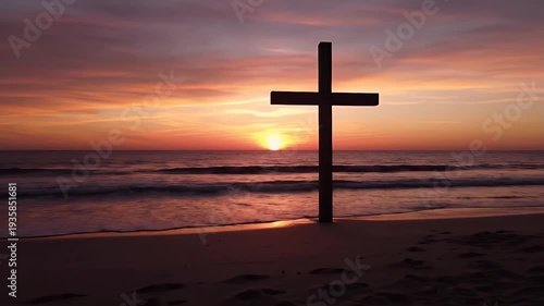 Cross Silhouette at Sunset on the Beach.