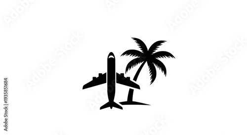 Airplane flying near a palm tree silhouette.
