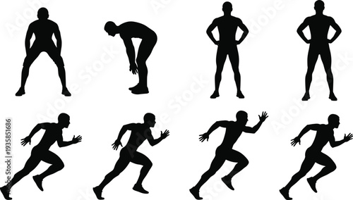 Athlete silhouette sequence showing warm up stretch and sprint running phases isolated on white background, dynamic human motion study for fitness training concept