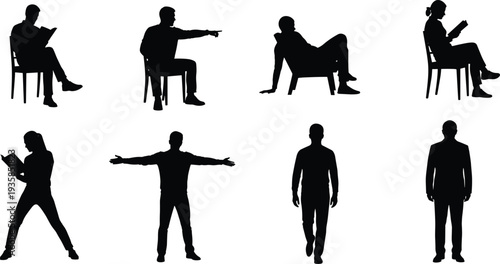 Collection of human silhouettes in different poses sitting standing reading pointing walking isolated on white background, people body language set for design projects