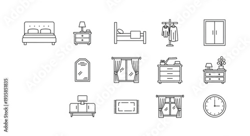 Collection of hand-drawn furniture and home decor icons.