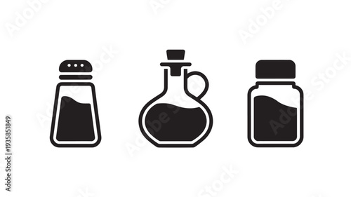 Black Icons Of Salt, Oil And Pepper Bottles For Cooking And Food Concepts