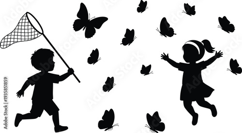 Silhouette of happy children catching butterflies with net, playful kids enjoying nature, summer outdoor activity, childhood freedom, black vector illustration isolated on white background