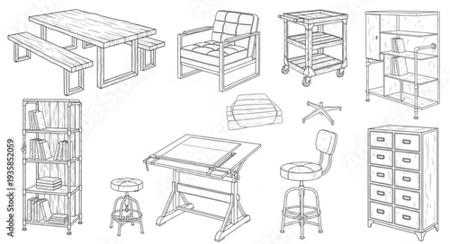 Collection of hand-drawn furniture and storage items.