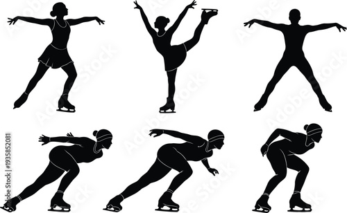 Ice skating athlete silhouettes set, figure skater performing different poses and movements, winter sport activity, professional skating training vector illustration isolated