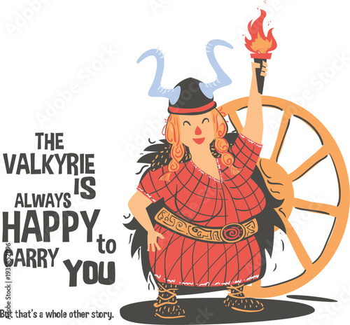 Viking Valkyrie warrior carrying torch and wheel with confident expression