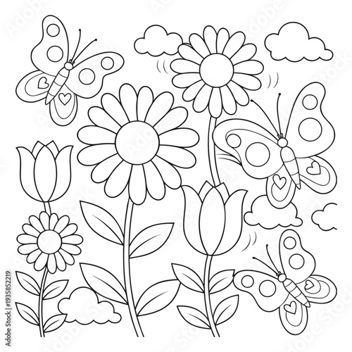 Cute Butterflies and Flowers Coloring Page