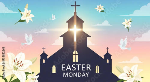 Easter monday church silhouette with lilies and doves at sunrise