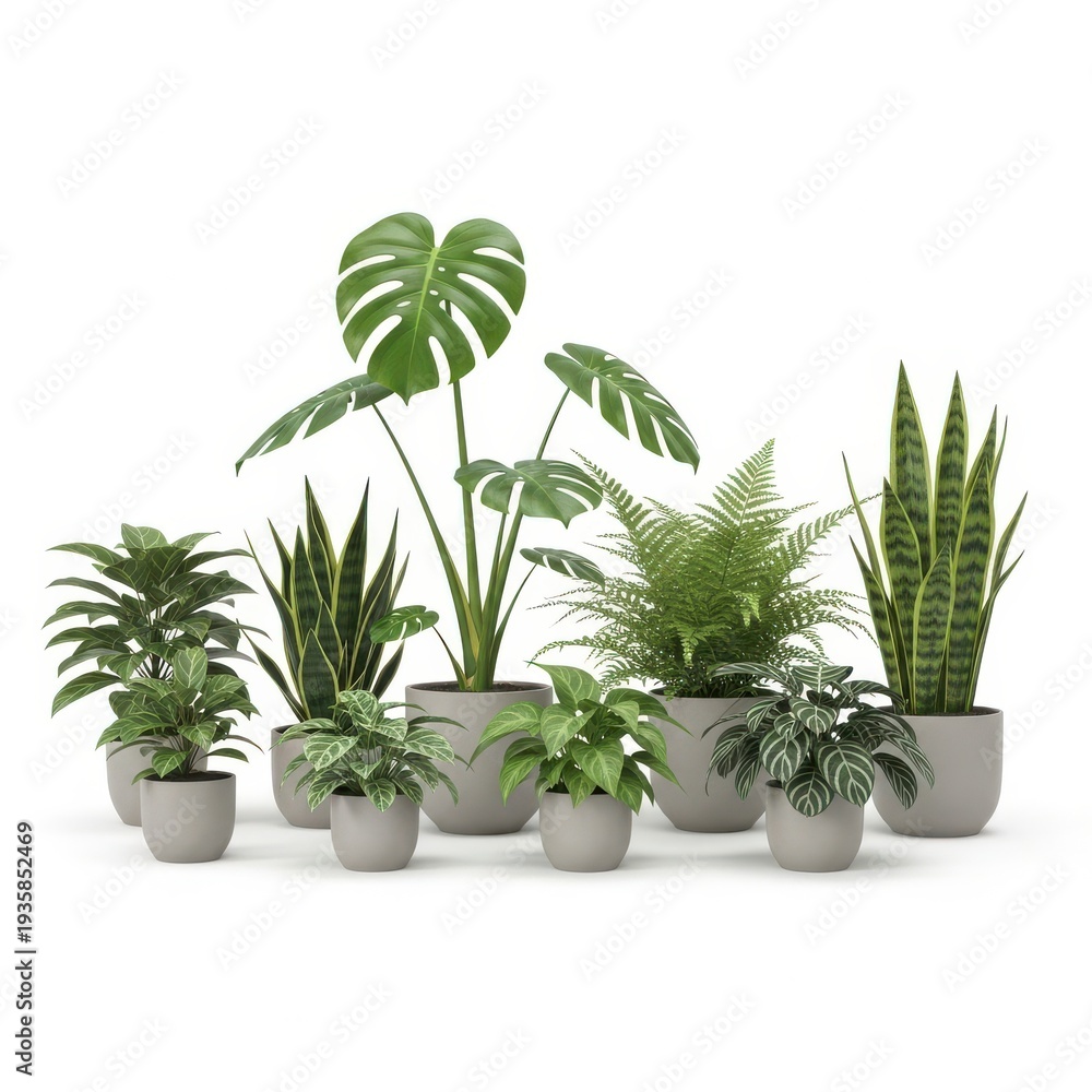 Fototapeta premium A diverse collection of potted plants arranged in a modern indoor setting.