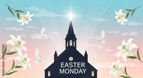 Easter monday celebration with church and lilies on pastel background