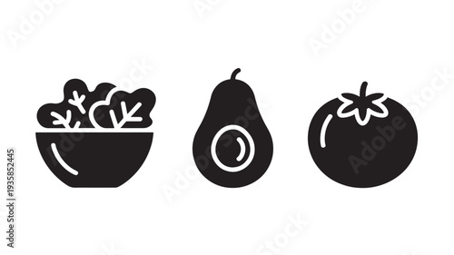 Black Icons Of Bowl With Lettuce, Avocado, And Tomato On White Background For Healthy Eating Concepts