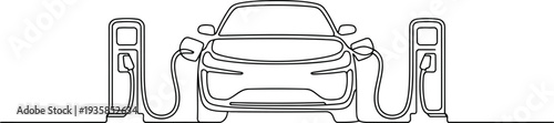 Front view continuous line illustration of an electric vehicle charging at two power stations simultaneously