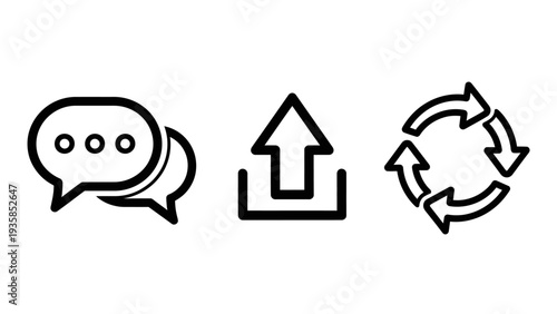 Communication icons: speech bubble, upload arrow, and circular arrows for refresh or sync. Data transfer and update concept.