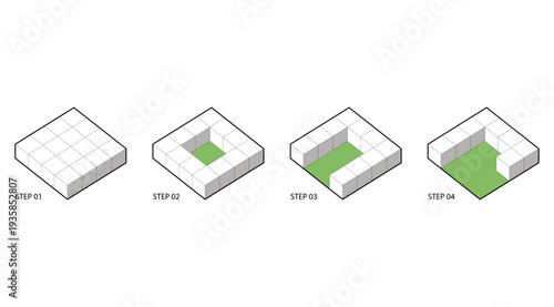 Isometric architectural massing diagram showing step by step building development. Minimal block transformation process for urban planning and design presentation.