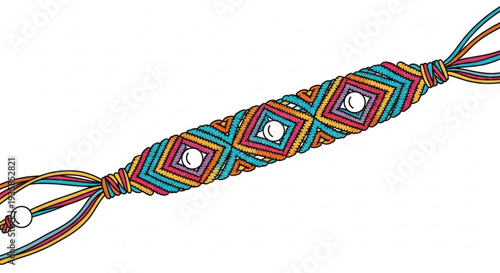 Colorful woven bracelet with geometric pattern and pearls on white background fashion accessory