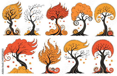 A vibrant vector graphic illustration of trees in various autumnal stages with colorful leaves and swirling designs