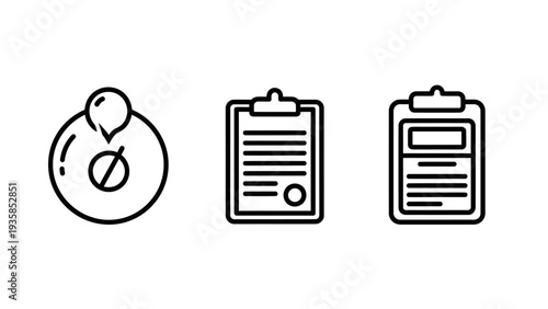 Icons representing documentation and task management: a lifebuoy with a prohibition sign, and two different clipboard styles, indicating safety, rules, and paperwork.