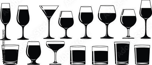 Alcohol Drink Glass Silhouette Set with Wine, Cocktail, Champagne and Whiskey Glasses, Bar Beverage Collection Vector Illustration