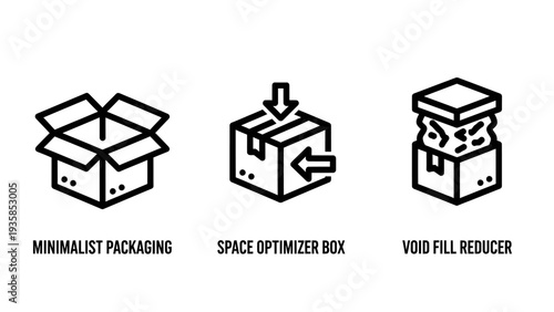 Minimalist Packaging, Space Optimization, and Void Fill Reduction Icons representing efficient shipping and storage solutions.