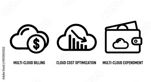 Icons representing multi-cloud billing, cost optimization, and expenditure, signifying cloud computing financial management.
