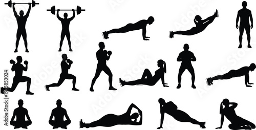 Collection of fitness workout silhouette poses showing athletes performing strength training, yoga, stretching, cardio and bodyweight exercises isolated on background