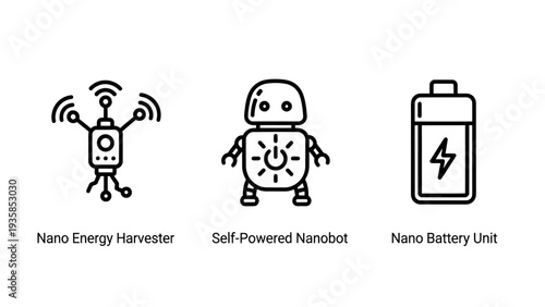 Icons depicting a nano energy harvester, self-powered nanobot, and nano battery unit, representing miniature power and robotics technology.