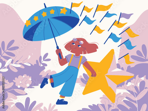 Girl with umbrella and star, surrounded by fluttering flags, symbolizing dreams, aspirations, success and creative exploration.