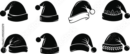 Collection of Santa Claus hat silhouettes set featuring different Christmas winter caps isolated on background for holiday design elements