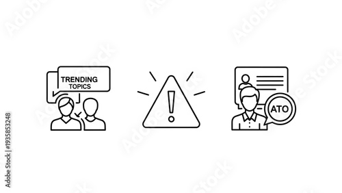 Icons depicting trending topics discussion, alert warning, and account takeover (ATO) security, representing communication, risk, and cybersecurity.