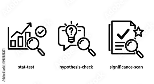 Icons for statistical testing, hypothesis checking, and significance scanning, symbolizing data analysis, research, and scientific discovery.