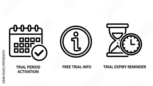 Free trial period activation and expiry reminder icons. Calendar with checkmark, information symbol, and hourglass with clock.