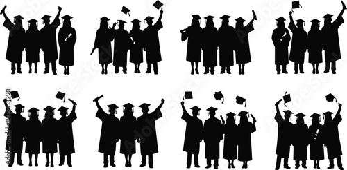 Graduation students silhouette collection celebrating academic achievement with caps and diplomas isolated for education success ceremony design